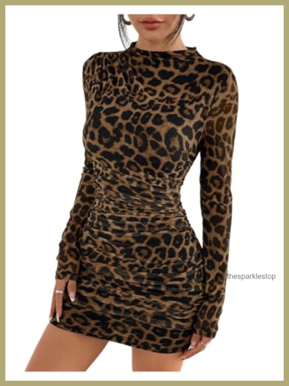 Leopard Print Ruched Bodycon Mini Dress Mock Neck Long Sleeve